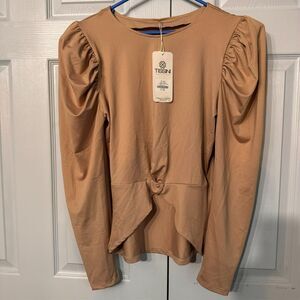 NWT Tissini L Tan Puff‎ Shoulder Blouse Blusa Maela
